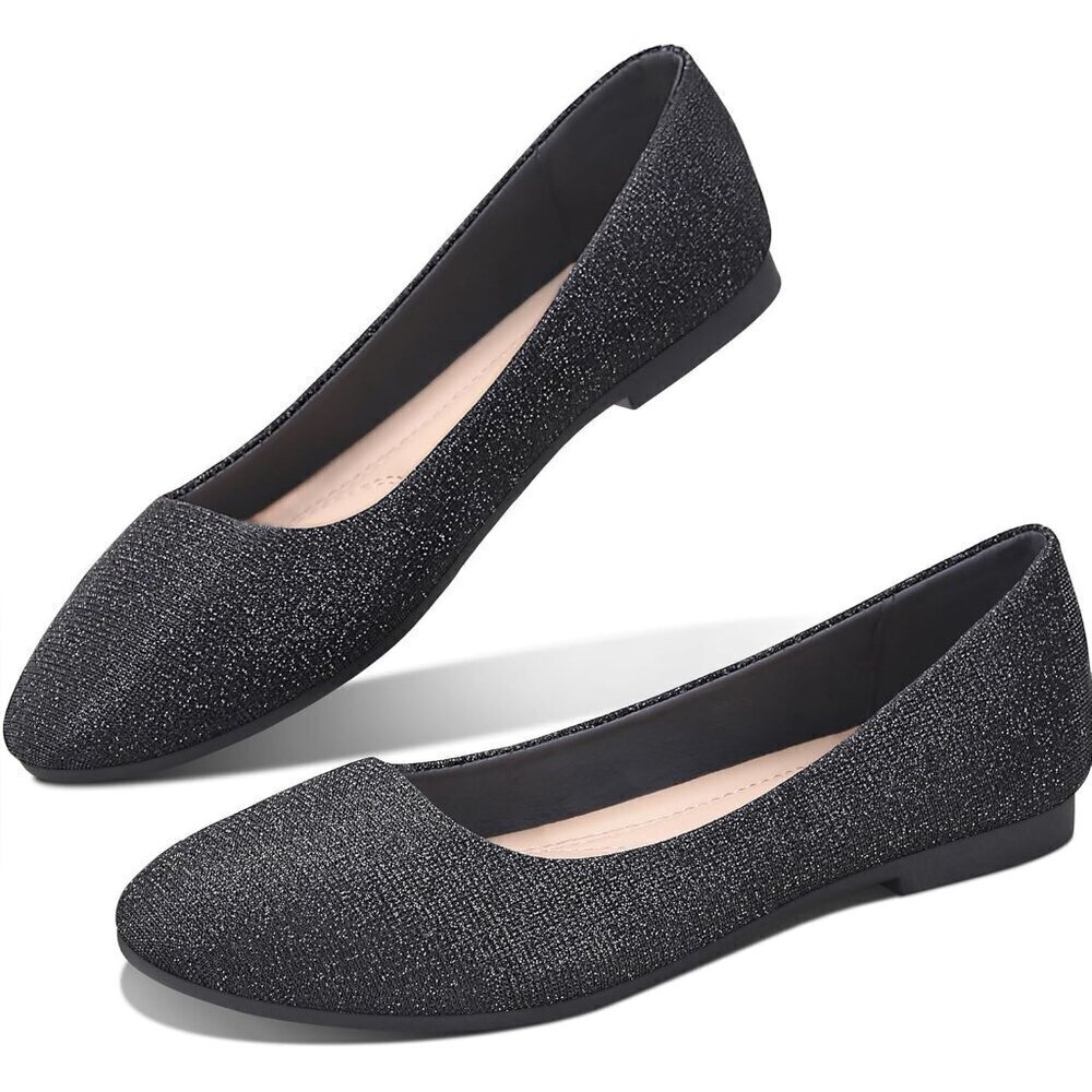 Obtaom Women Bright Black Textile Closed Round Toe Slip on Ballet Flats Shoes